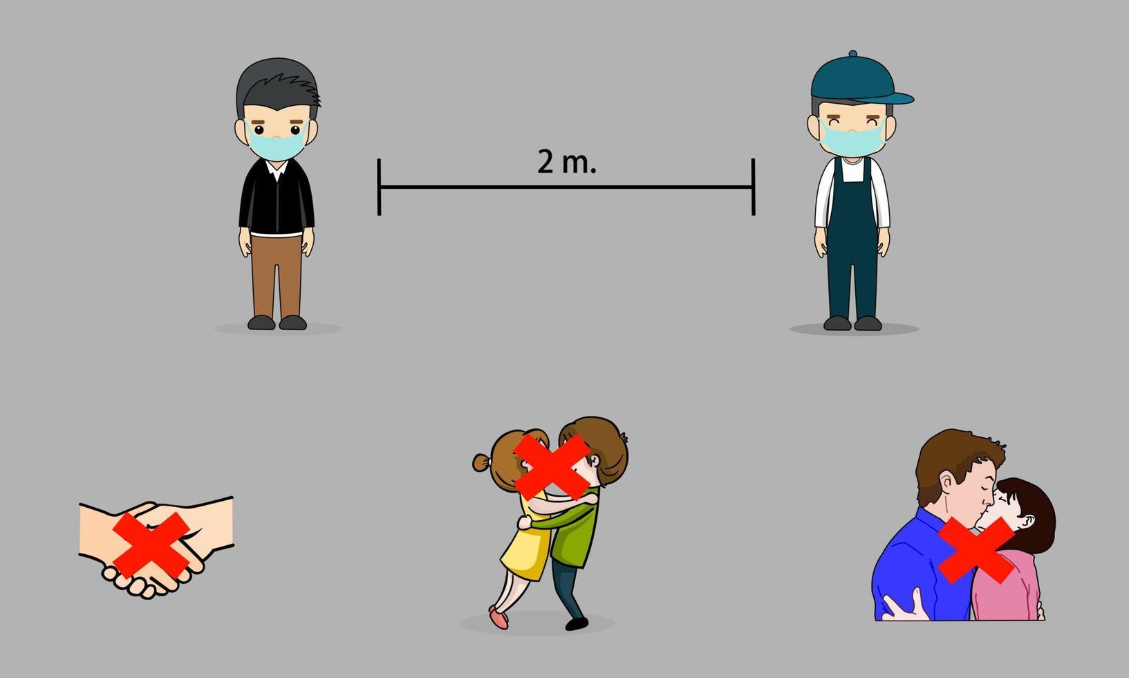 medidas para prevenir la propagación del virus corona covid 19. manteniendo una distancia de unos 2 metros. No debe saludar tomados de la mano, abrazados y besados. vector