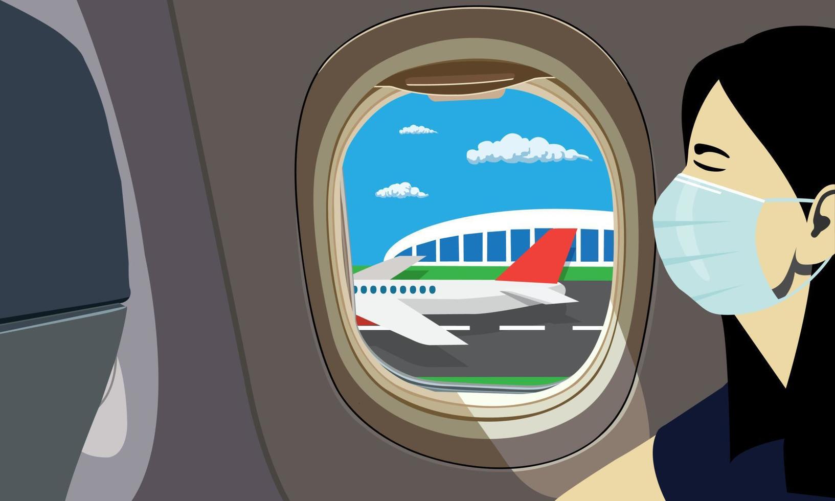 mujer en el avión sentada junto a la ventana. idea de viajes y vacaciones. usando una máscara médica protectora para prevenir el coronavirus covid 19, que se está propagando. vector