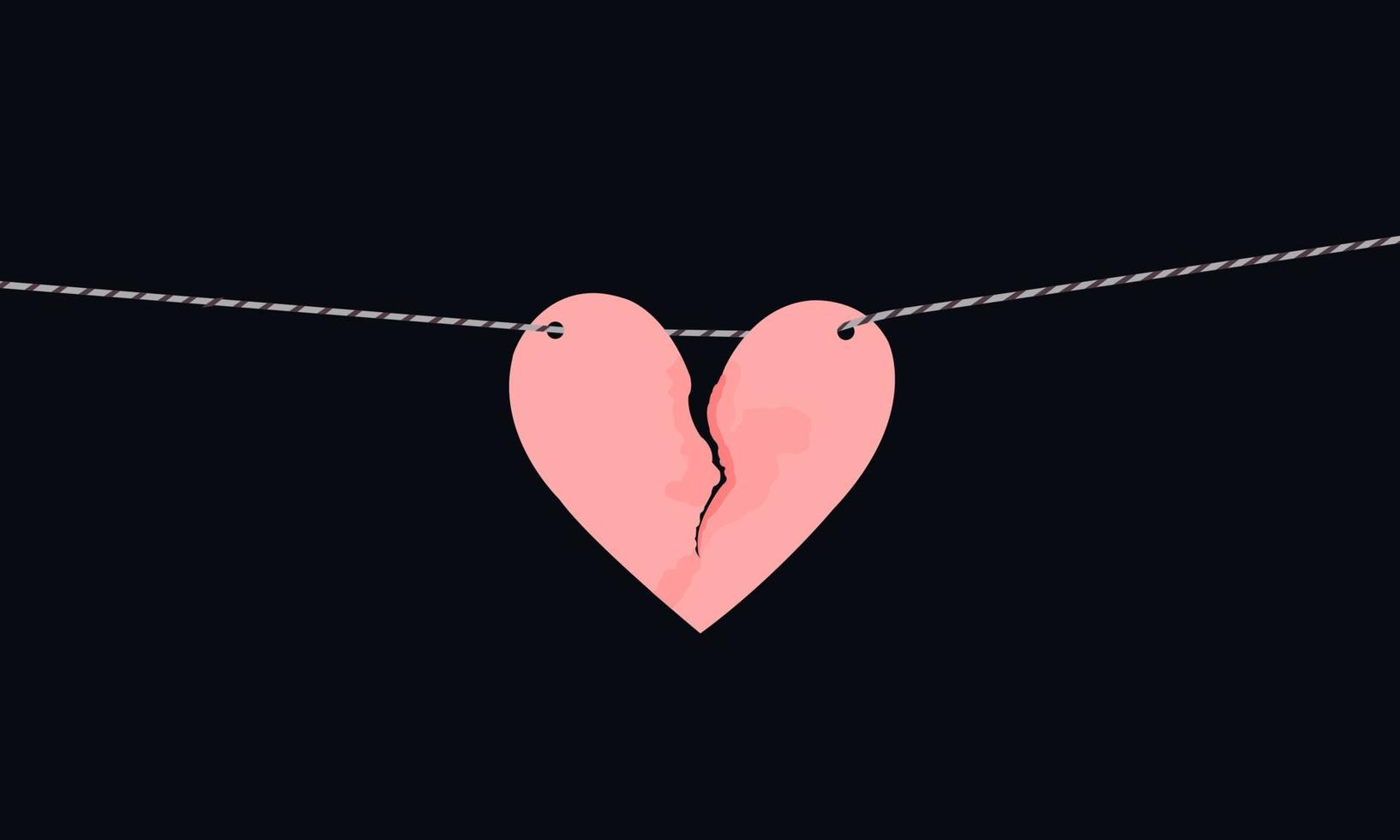 Pink heart shaped paper with torn marks hanging on the rope. Broken heart,unrequited love. vector