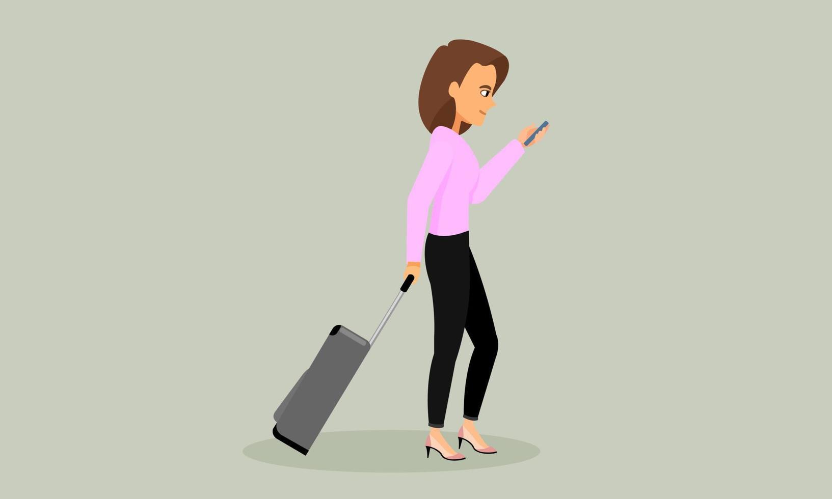 Cartoon character female travel with luggage and passport on the way to airport. Traveling woman with drag bag. vector