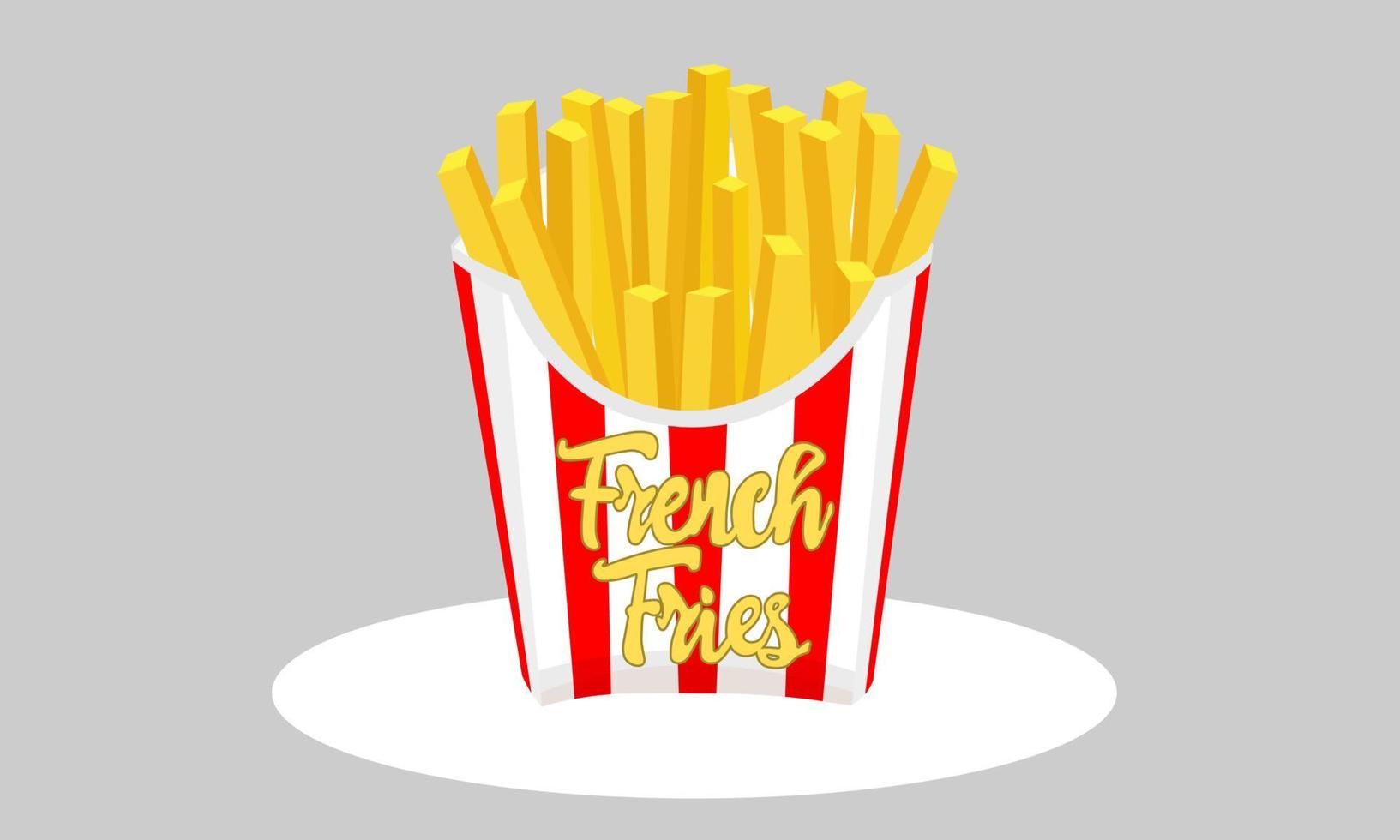 papas fritas grandes comida rápida. papas fritas en caja de papel a rayas rojas y blancas. diseño plano de la caja de embalaje de patatas fritas. vector