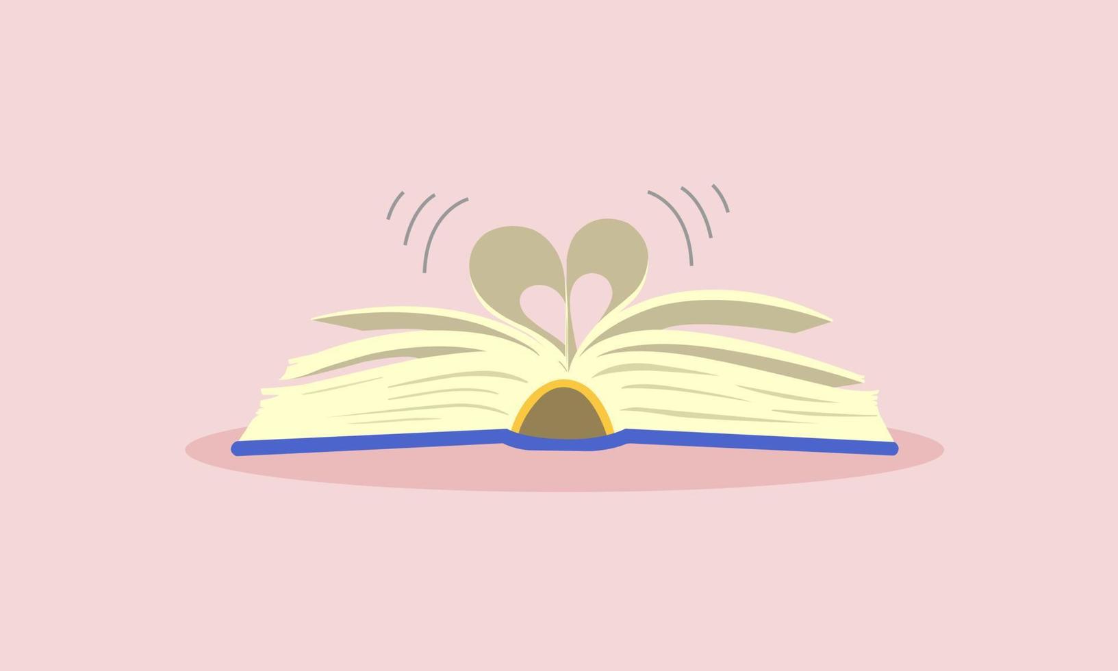 Love readinng. Open the book, make a heart-shaped sheet of paper. vector