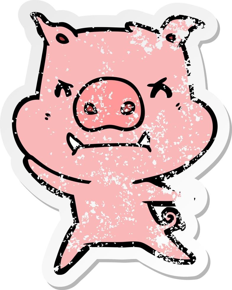 distressed sticker of a angry cartoon pig vector