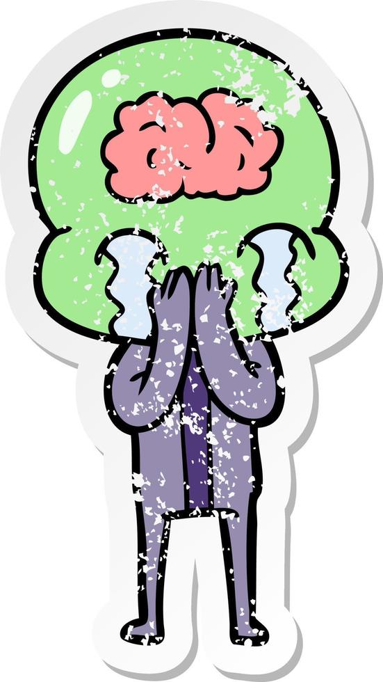 distressed sticker of a cartoon big brain alien crying vector