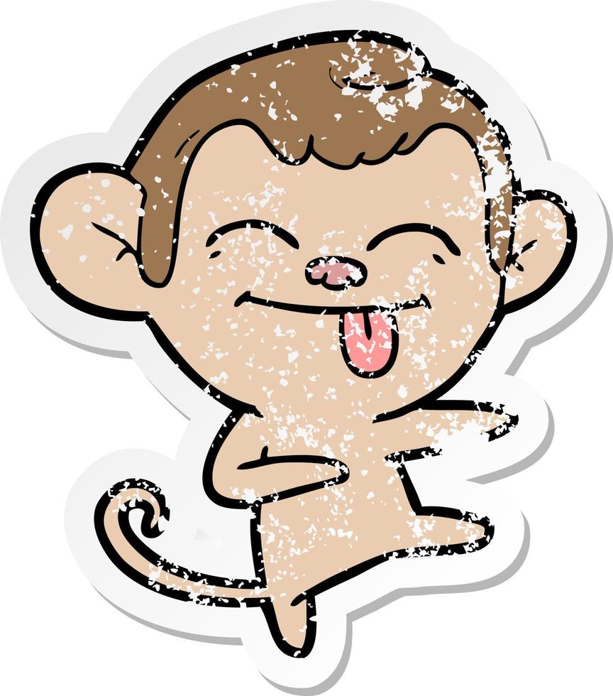 distressed sticker of a funny cartoon monkey pointing vector