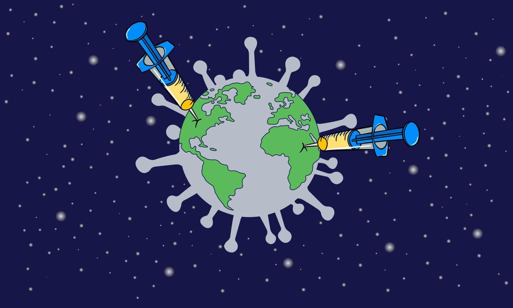 jeringa con la vacuna coronavirus. el mundo que estaba controlado por el coronavirus. protegiendo al mundo del coronavirus. vector