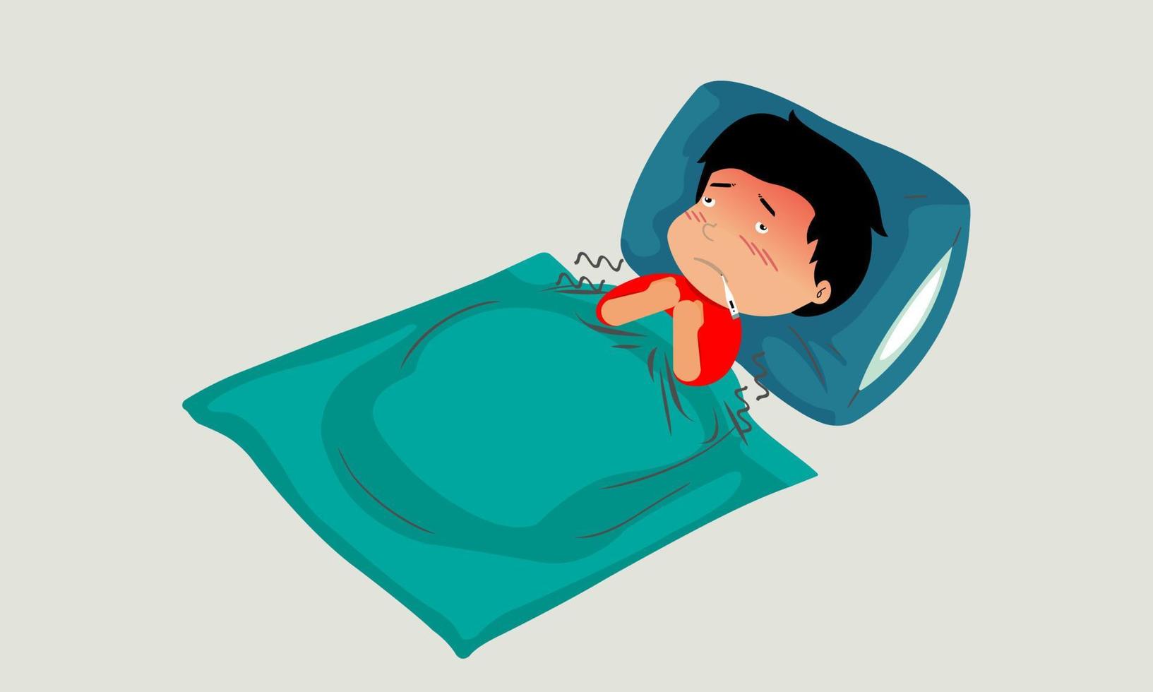 niño pequeño con fiebre descansando. cuerpo caliente sacude la medición de la temperatura. niño bajo la manta. vector