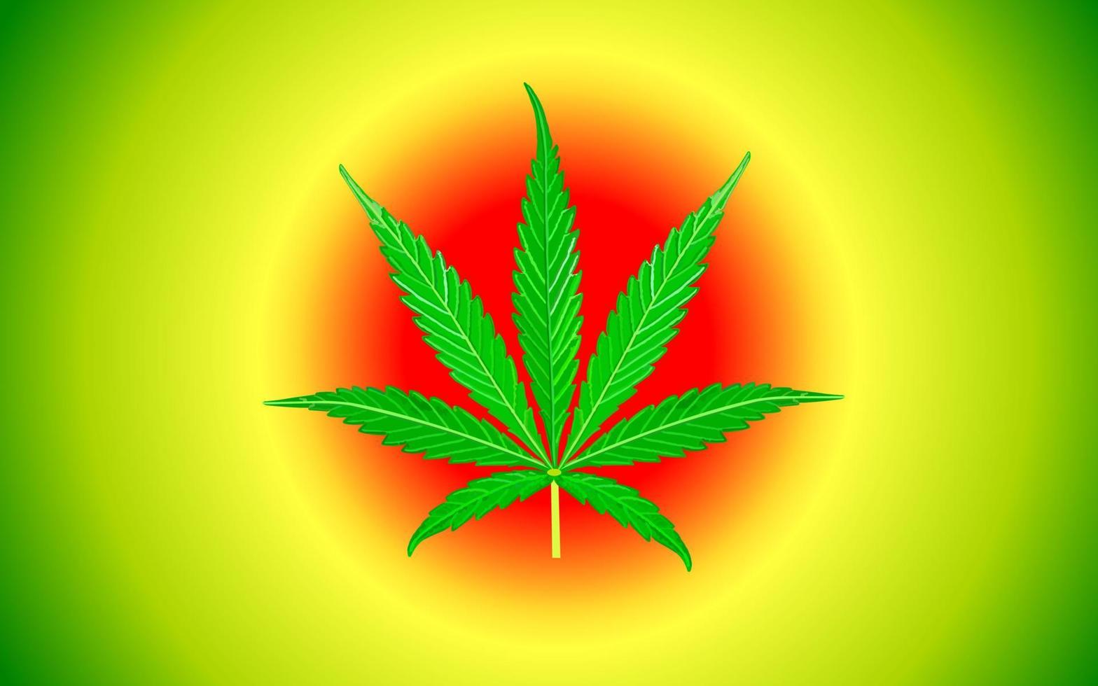 Herbal medicine herb plant. Green cannabis leaf. Vector illustration of marijuana on a green, yellow, red background.