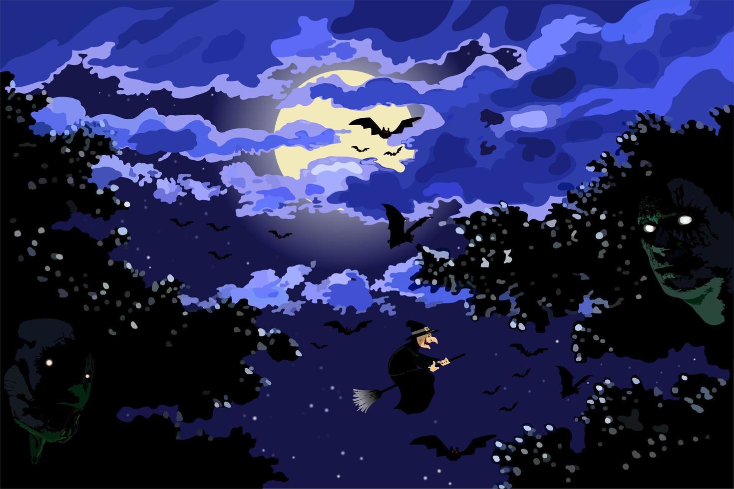 luna llena de halloween, noche espeluznante, brujas, murciélagos y árboles embrujados. vector