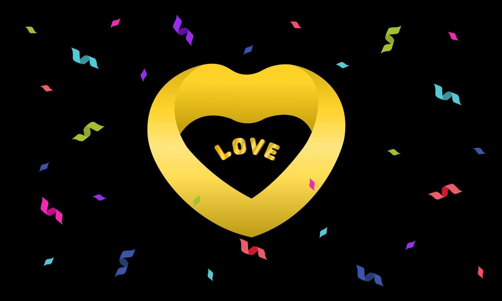 Show Love Valetine Day. Gold hearts surround the word love, small pieces of ribbon are blown away. vector