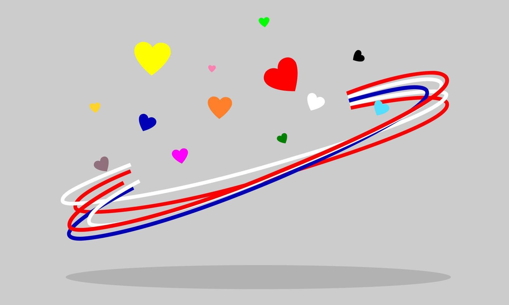 Many colorful hearts float on beautiful curves. The red,white and blue lines . Many hearts and many colors represent various thoughts. Different but not separated from each other. vector