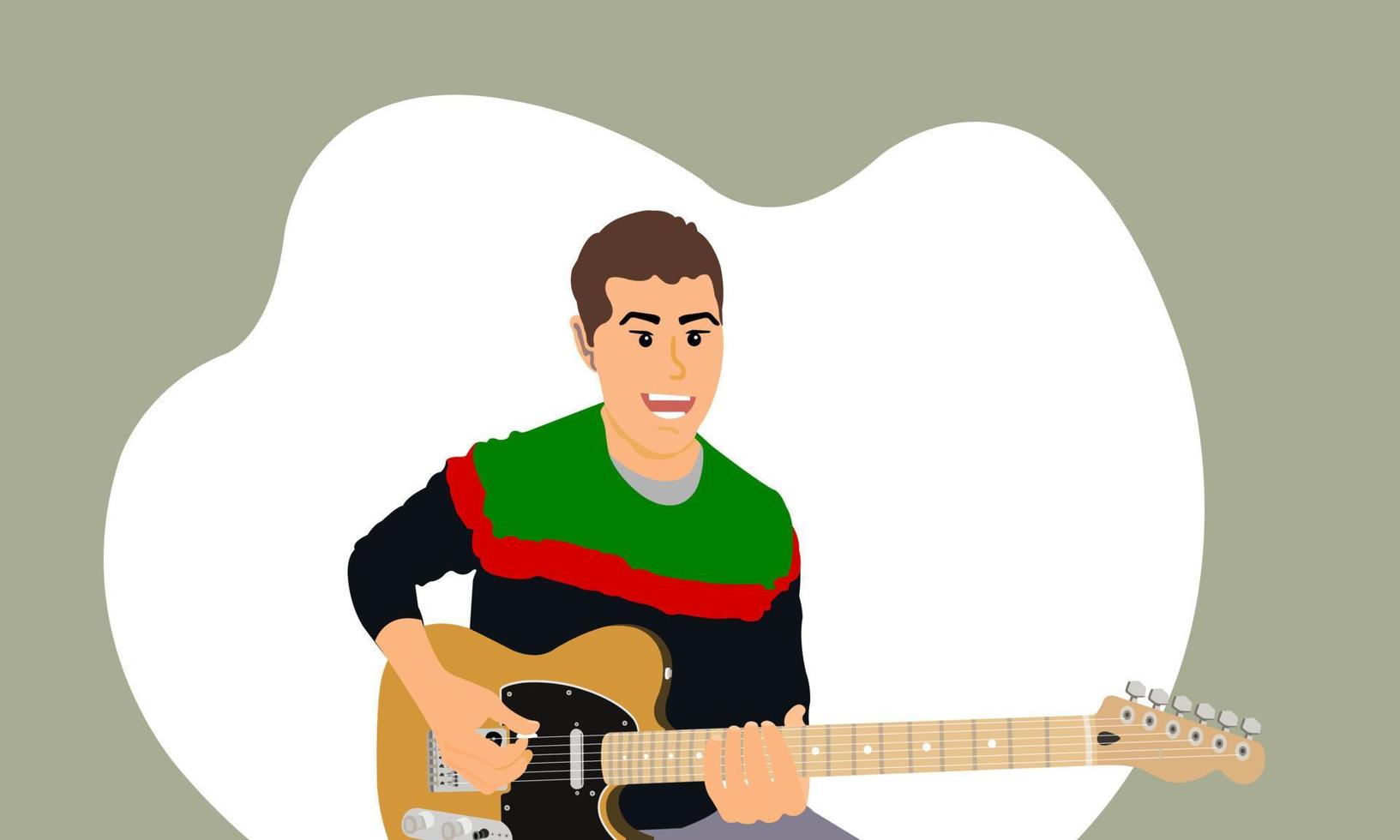 Young man playing the electric guitar and sings a song. Creative man, musician. Vector illustration.