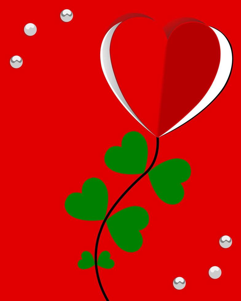 Red flower heart shaped paper cut. Green curved heart shaped leaf stalk. With pearls in the upper and lower corners. On a red background. vector