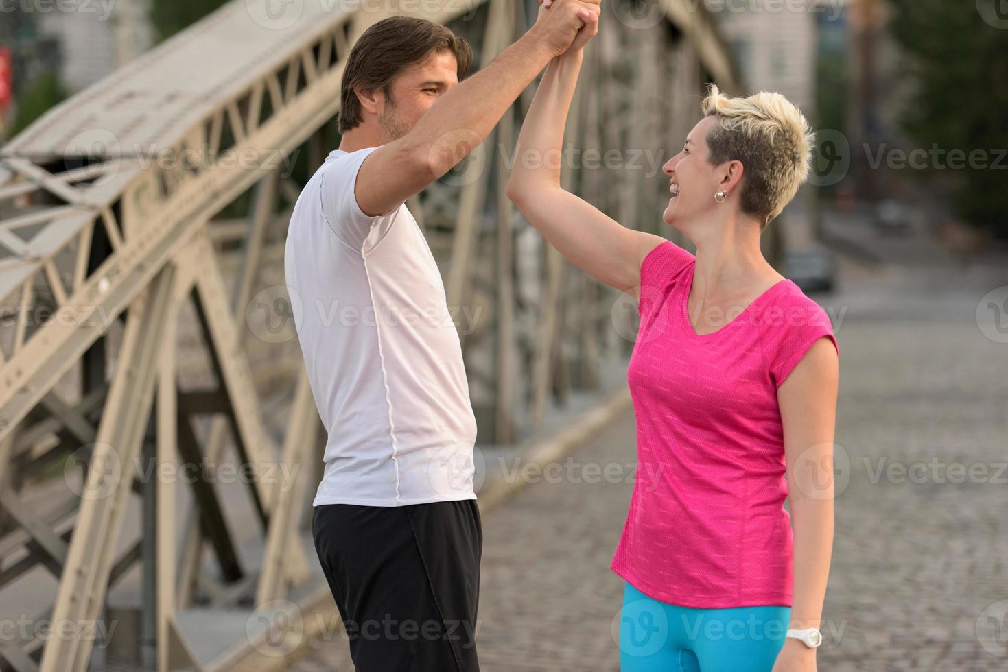 couple congratulate and happy to finish photo