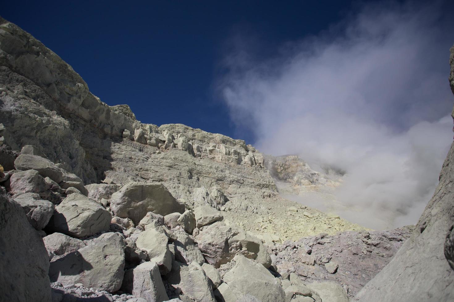 Sulfur mine with workers in Kawah Ijen, Java, Indonesia photo