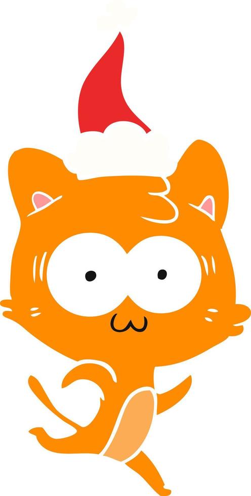 flat color illustration of a surprised cat running wearing santa hat vector