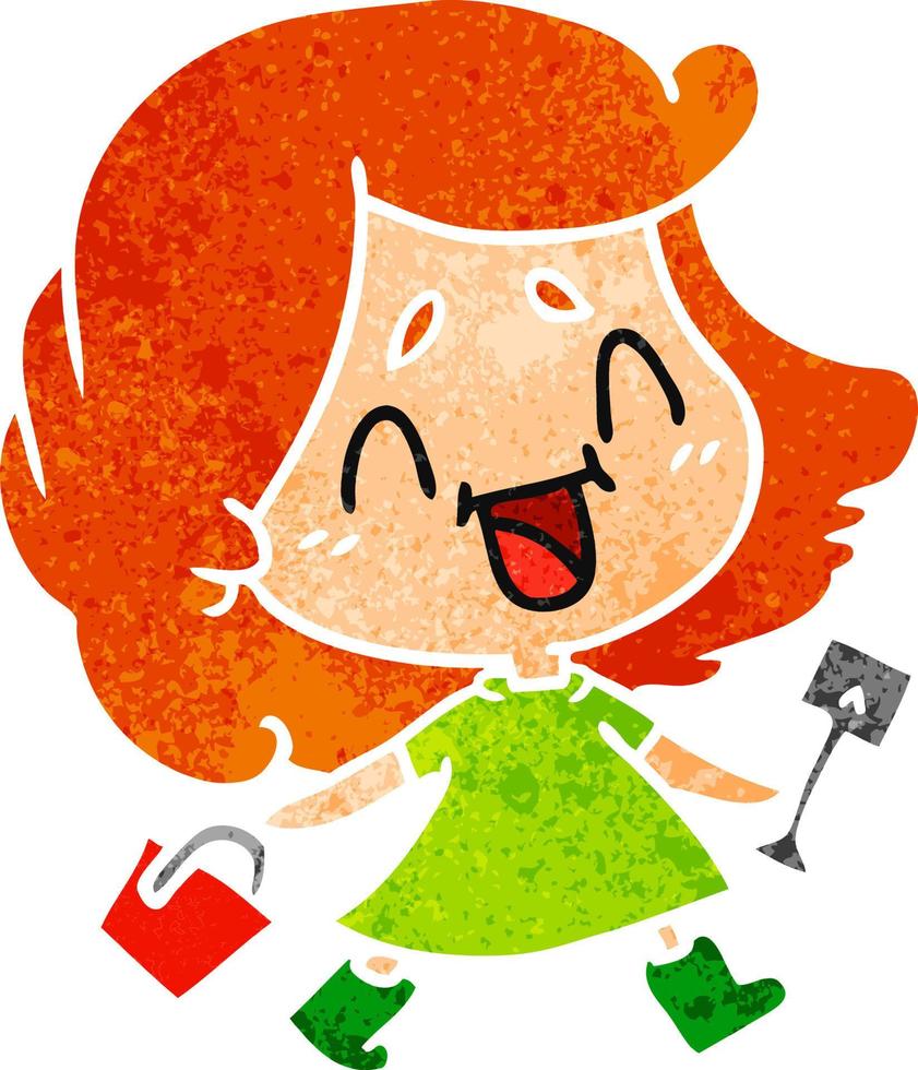 retro cartoon of cute kawaii girl with bucket and spade vector