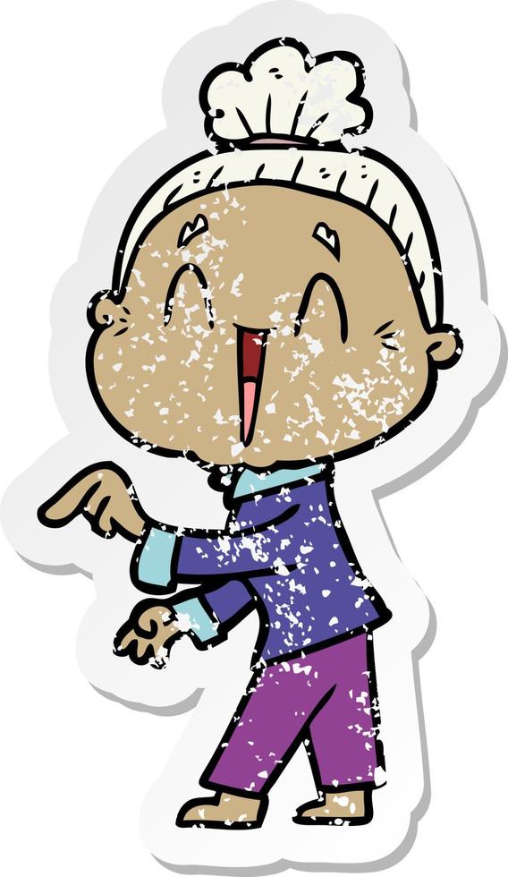 distressed sticker of a cartoon happy old lady vector