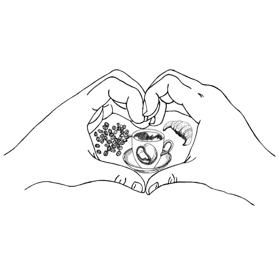 Coffee lovers.A cup of coffee and a croissant, vector illustration in the form of a heart.Hand-drawn.