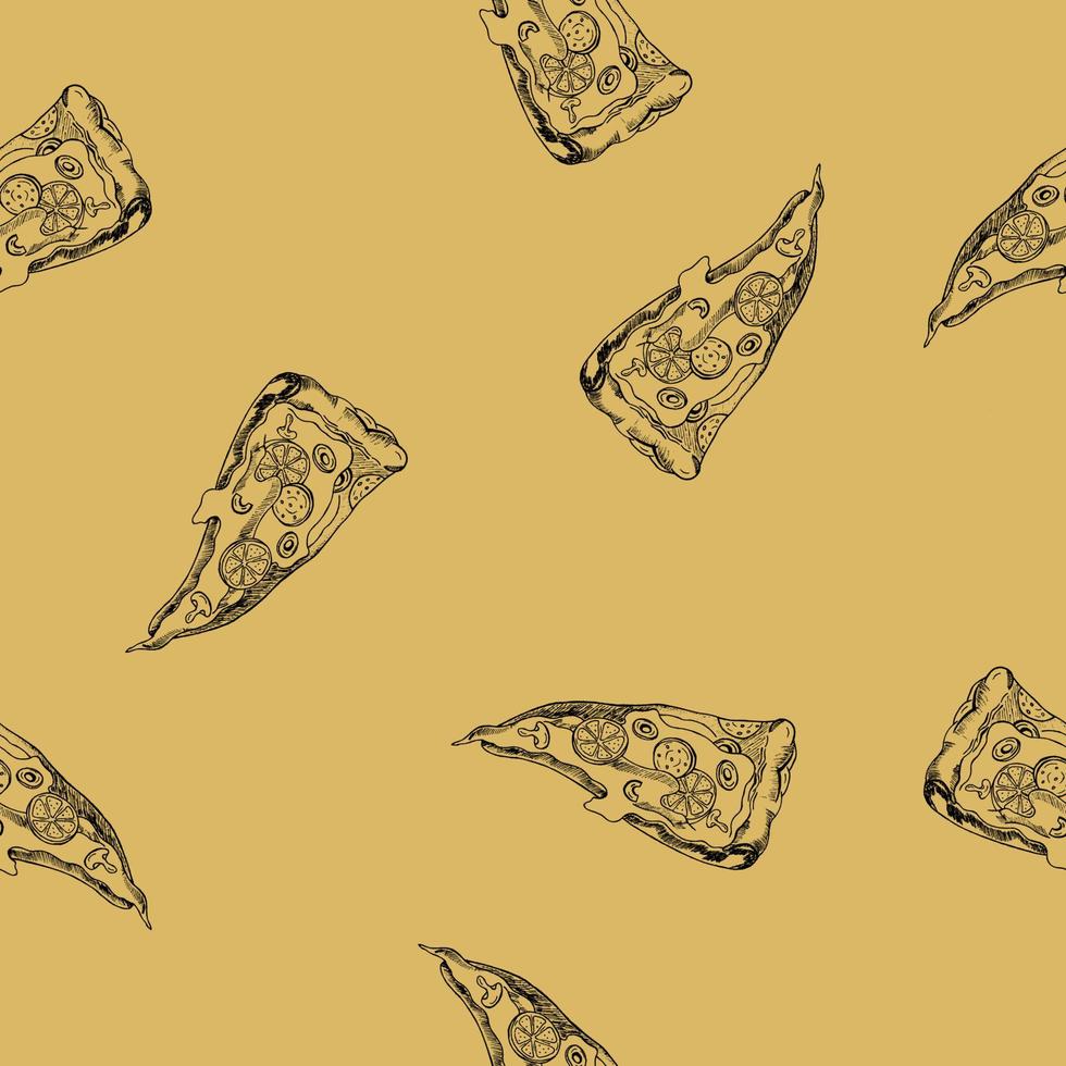 Seamless vector background, slice of pizza. Hand-drawn.