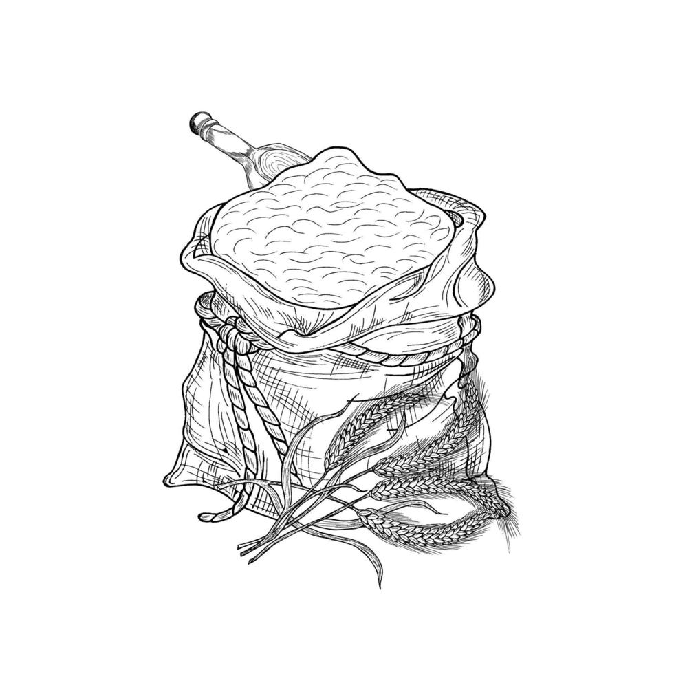 vector illustration of a bag with flour and wheat ears. Hand-drawn.