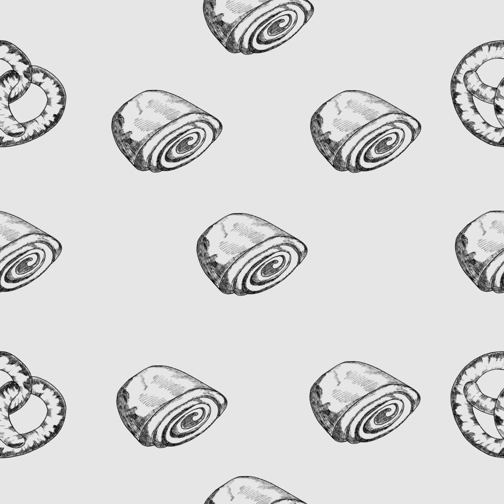 Bakery products. Seamless pattern. jam bun, pretzel.An illustration highlighted on a gray background.For the design of bakery products, labels, packaging. vector