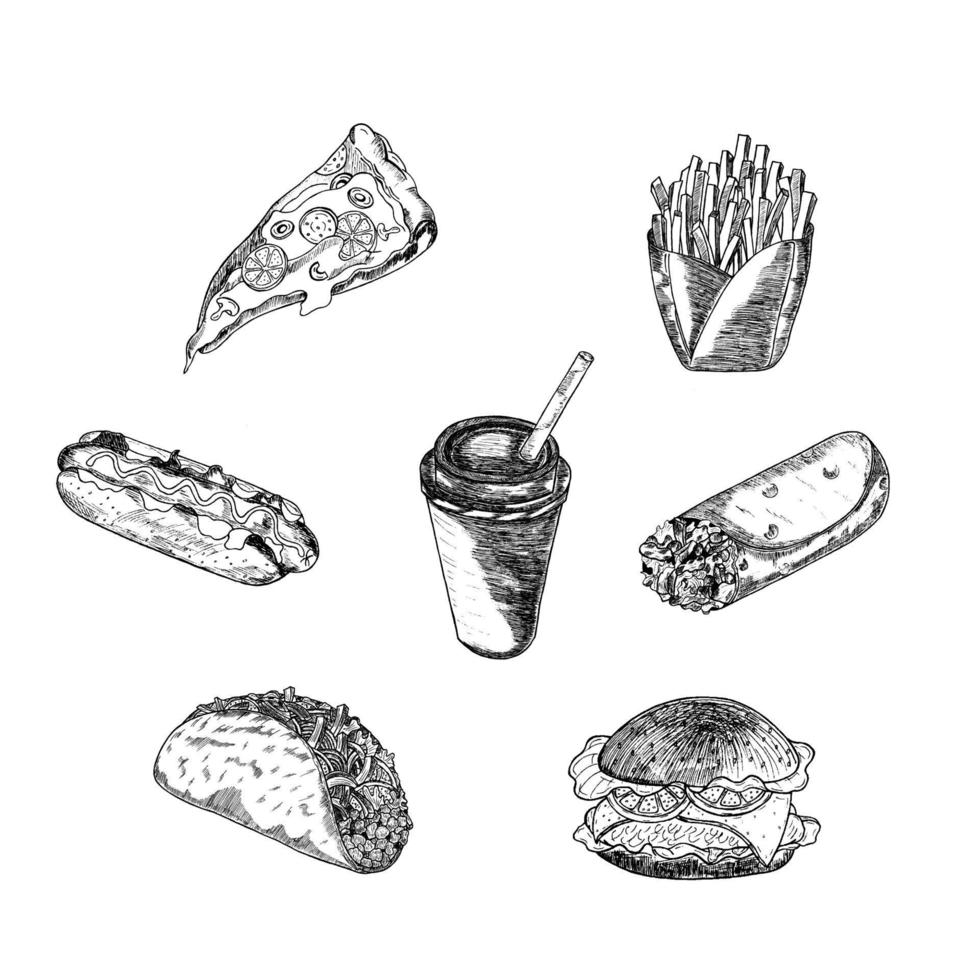 Vector set of fast food. A vector illustration in the style of a sketch, drawn by hand.