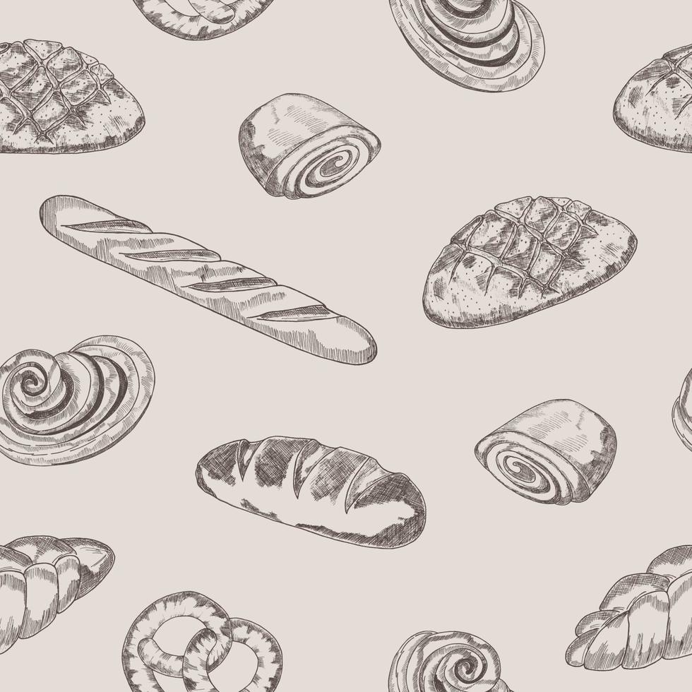Hand-drawn seamless pattern.Background of the bakery product sketch. Vintage food illustration for a store, bakery,wallpaper, bread house label, menu or packaging design vector