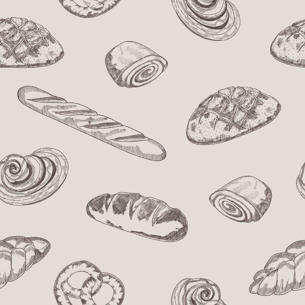 seamless pattern.background dibujado a mano del boceto del producto de panadería. ilustración de comida vintage para una tienda, panadería, papel tapiz, etiqueta de casa de pan, menú o diseño de empaque vector