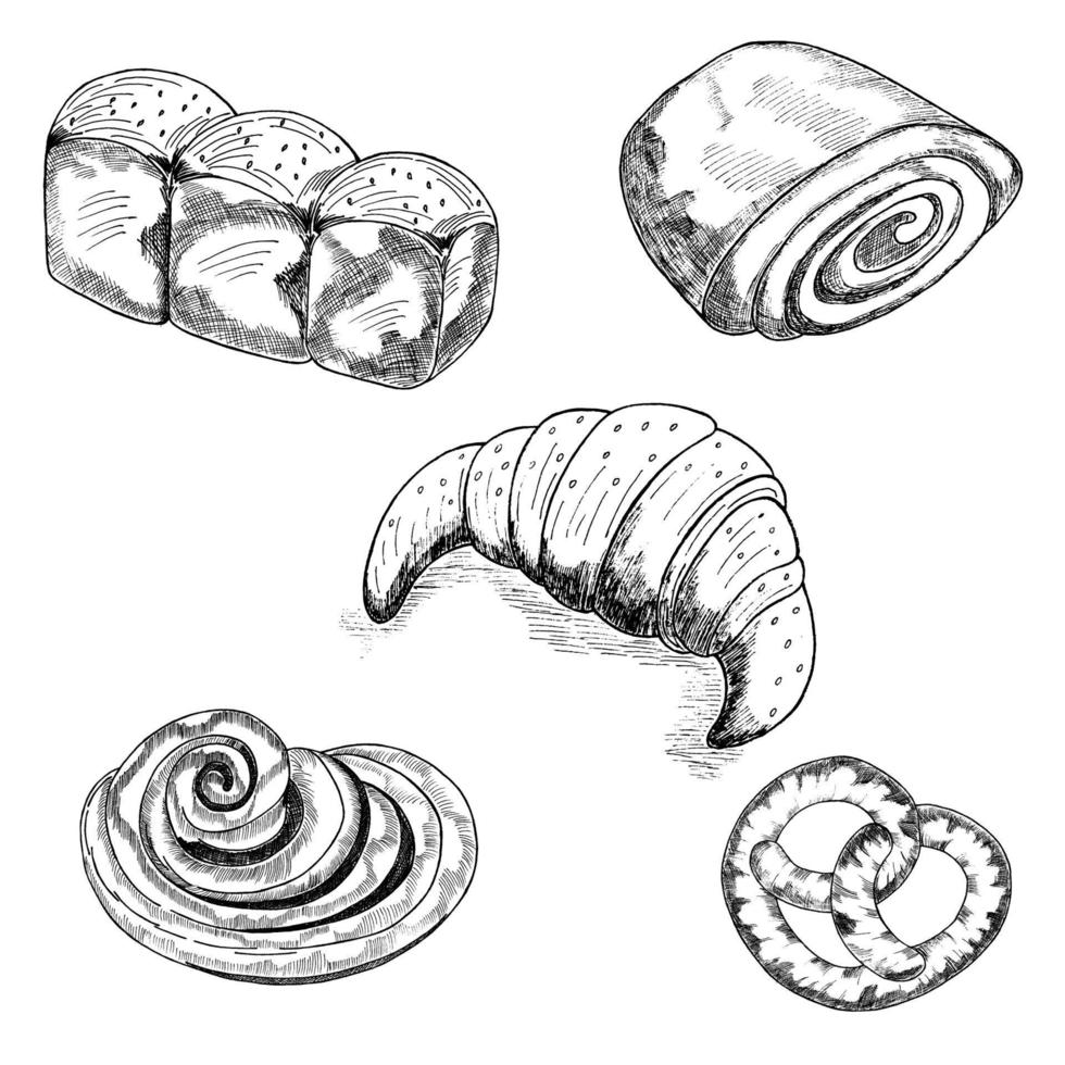 productos de panadería. conjunto en blanco y negro. croissant, bollo de mermelada, bagel, bollos con semillas de amapola. una ilustración resaltada en un fondo blanco.dibujo a mano vector