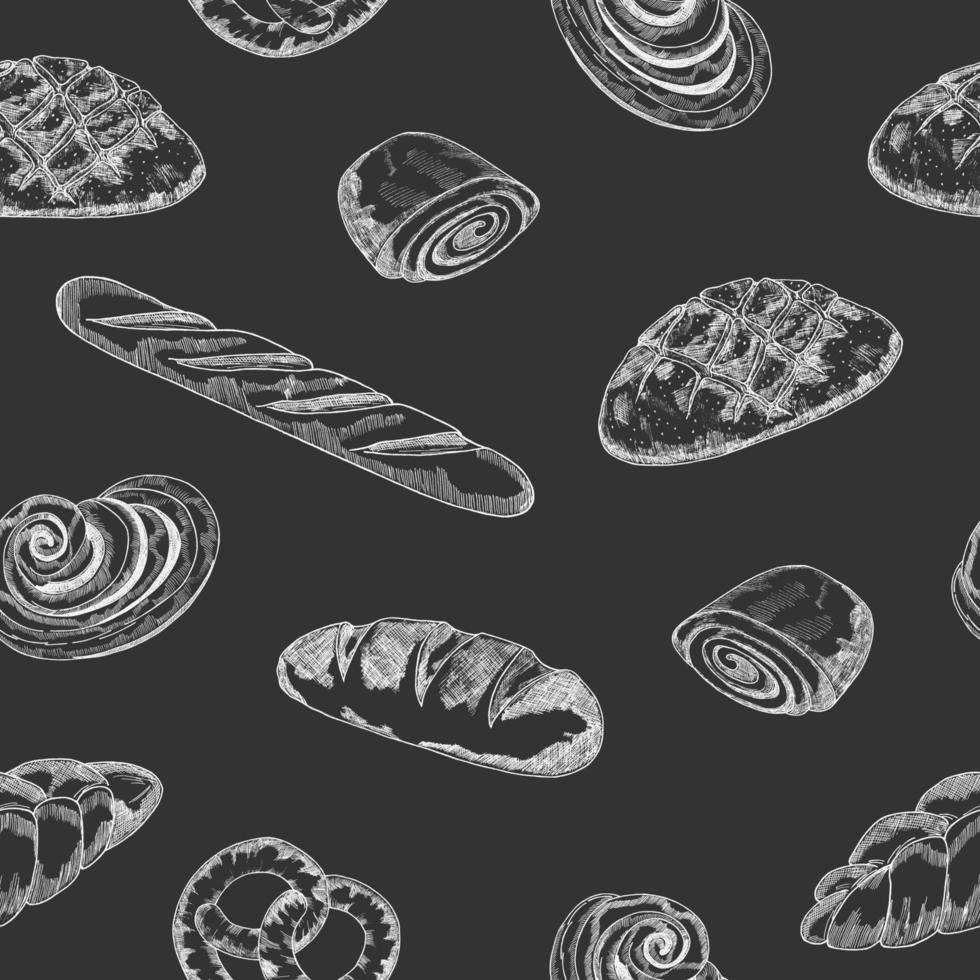 Hand-drawn seamless pattern on a black background. Background of the bakery product sketch. Vintage food illustration for a store, bakery,wallpaper, bread house label, menu or packaging design. vector