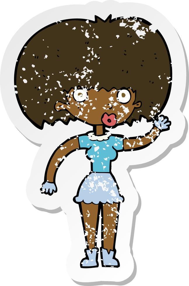 retro distressed sticker of a cartoon woman waving vector