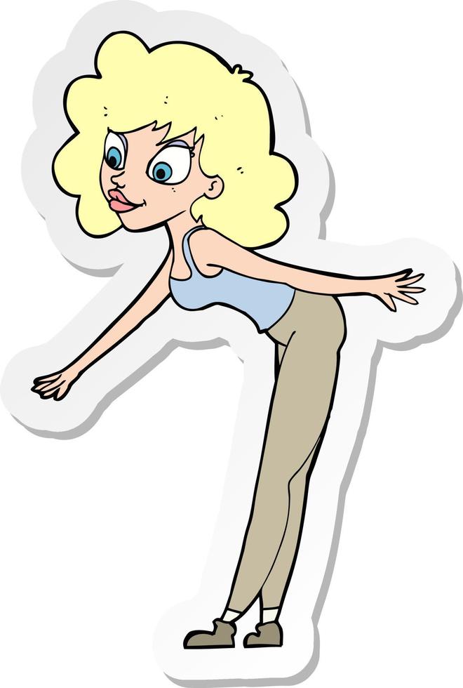 sticker of a cartoon woman reaching to pick something up vector