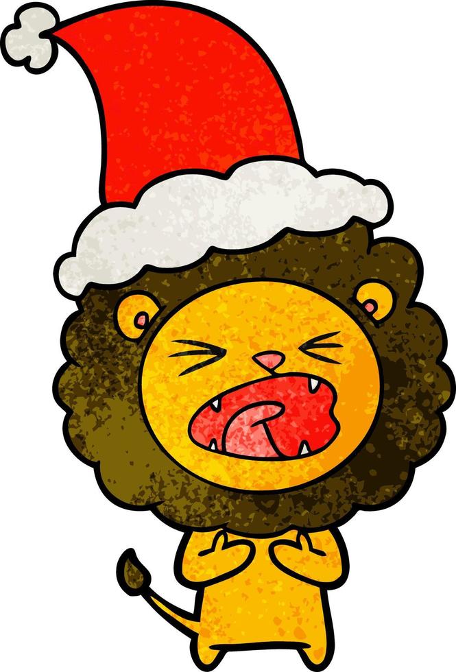textured cartoon of a lion wearing santa hat vector