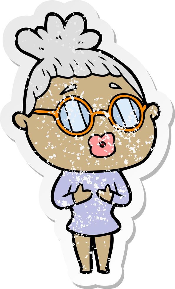 distressed sticker of a cartoon woman wearing spectacles vector