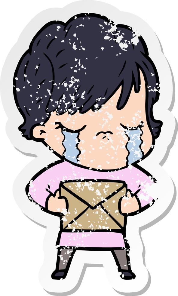 distressed sticker of a cartoon woman crying vector