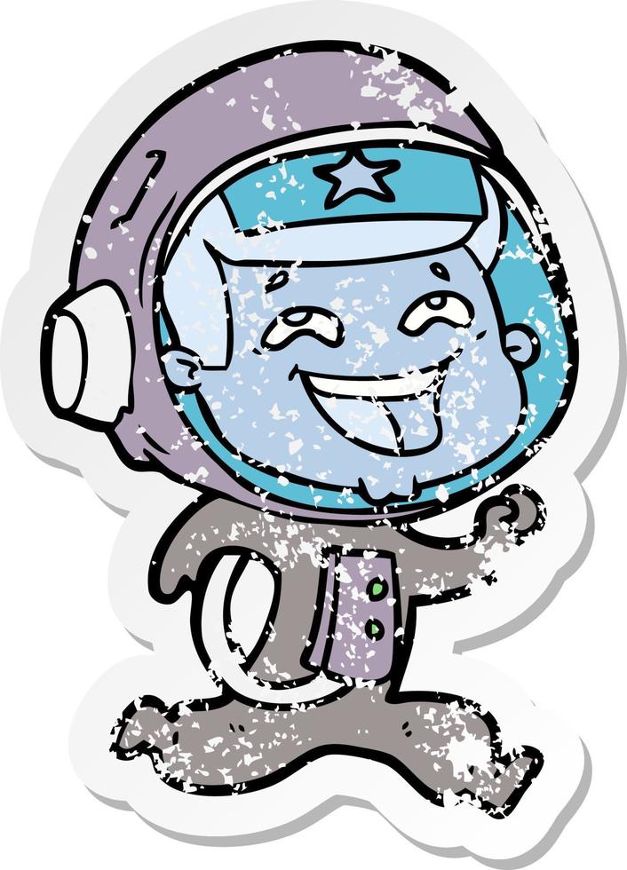 distressed sticker of a cartoon laughing astronaut vector