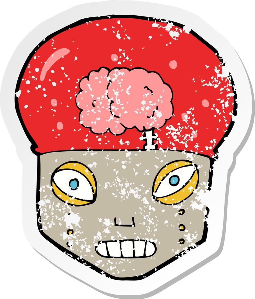 retro distressed sticker of a cartoon spooky robot head vector