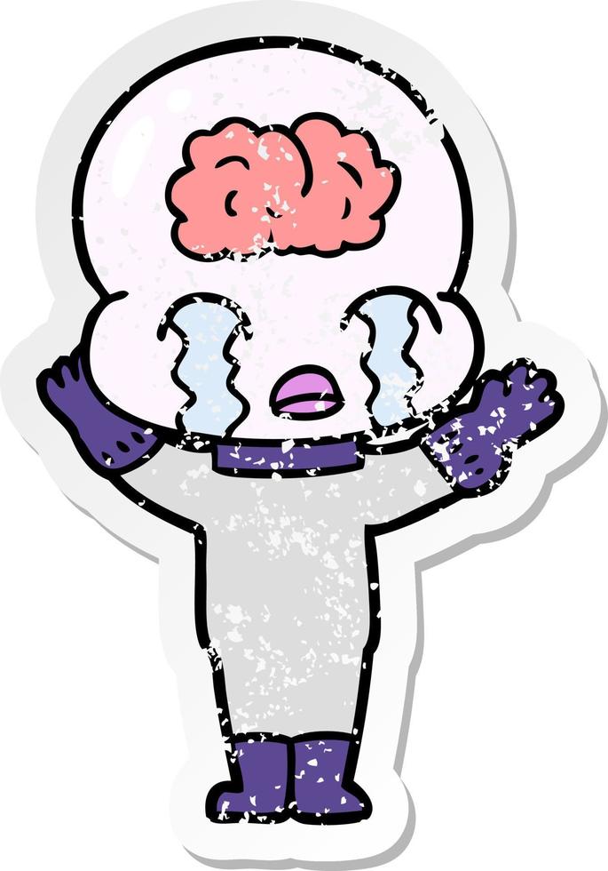 distressed sticker of a cartoon big brain alien crying vector