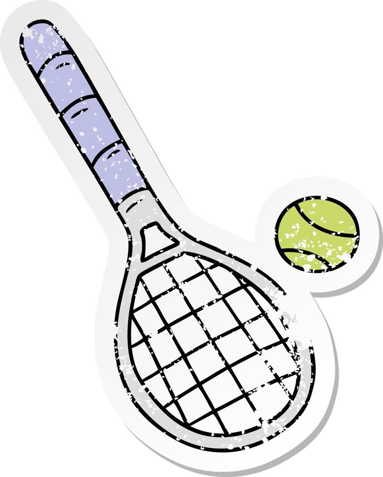 pegatina angustiada caricatura garabato raqueta de tenis y pelota vector