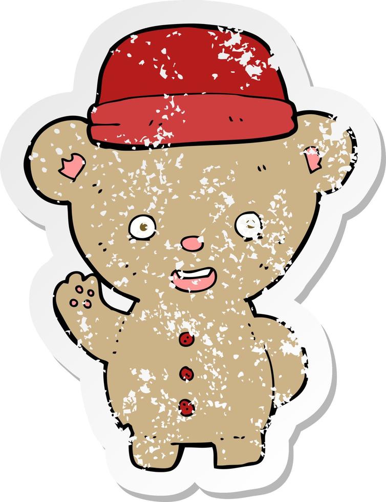retro distressed sticker of a cartoon bear in hat vector