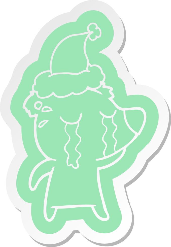 cartoon  sticker of a crying bear wearing santa hat vector