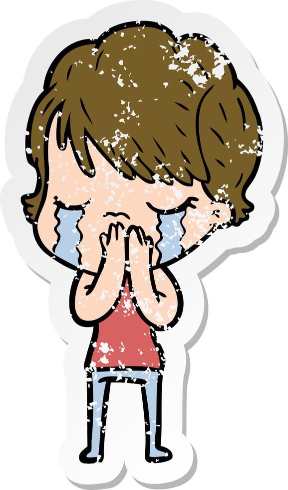 distressed sticker of a cartoon woman crying vector