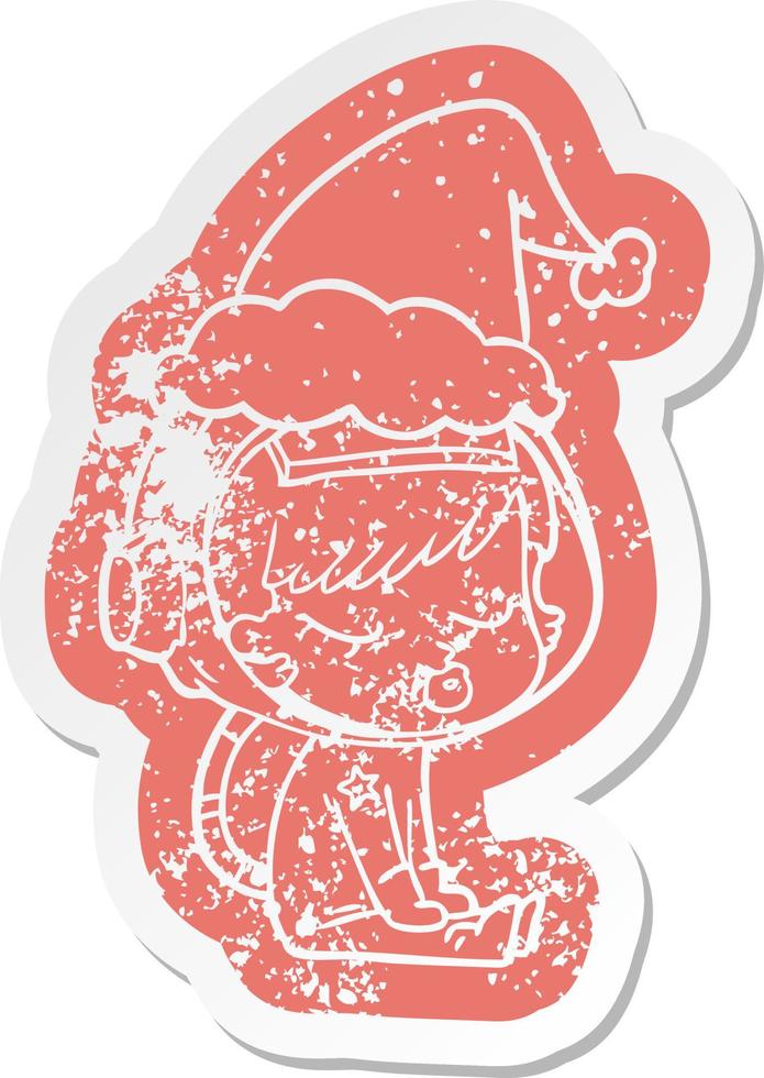 cartoon distressed sticker of a pretty astronaut girl sitting waiting wearing santa hat vector