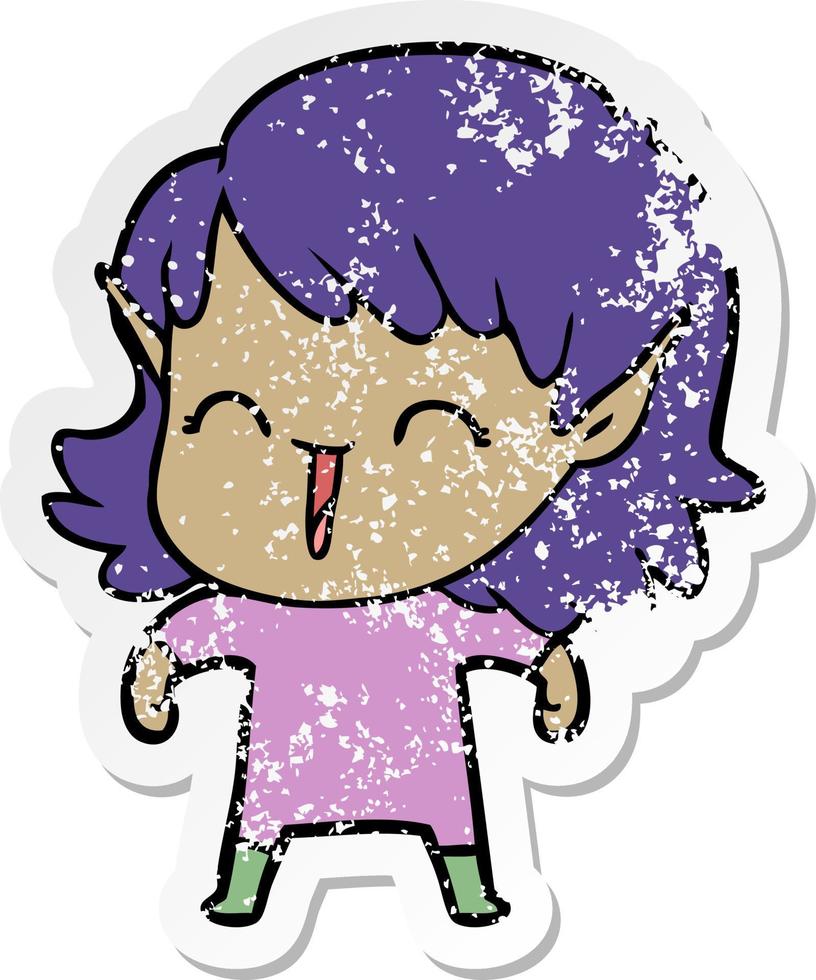 distressed sticker of a cartoon elf girl vector