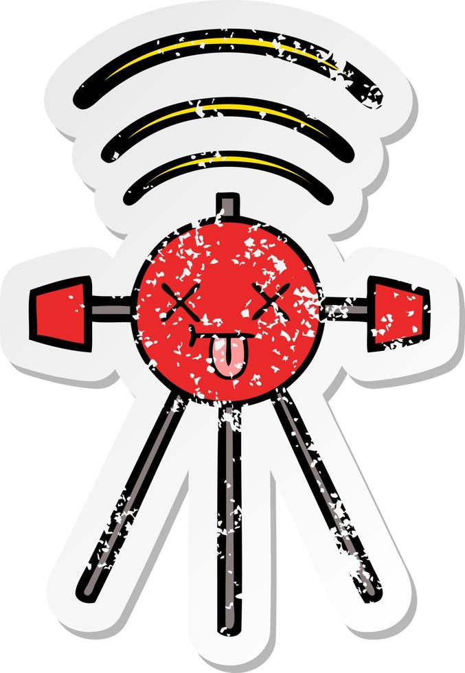 distressed sticker of a cute cartoon satellite vector