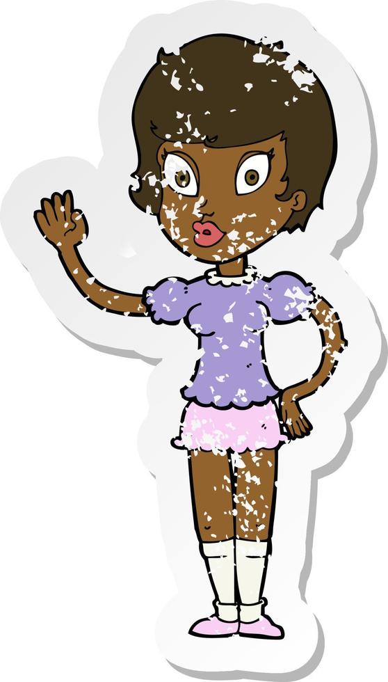 retro distressed sticker of a cartoon pretty girl waving vector