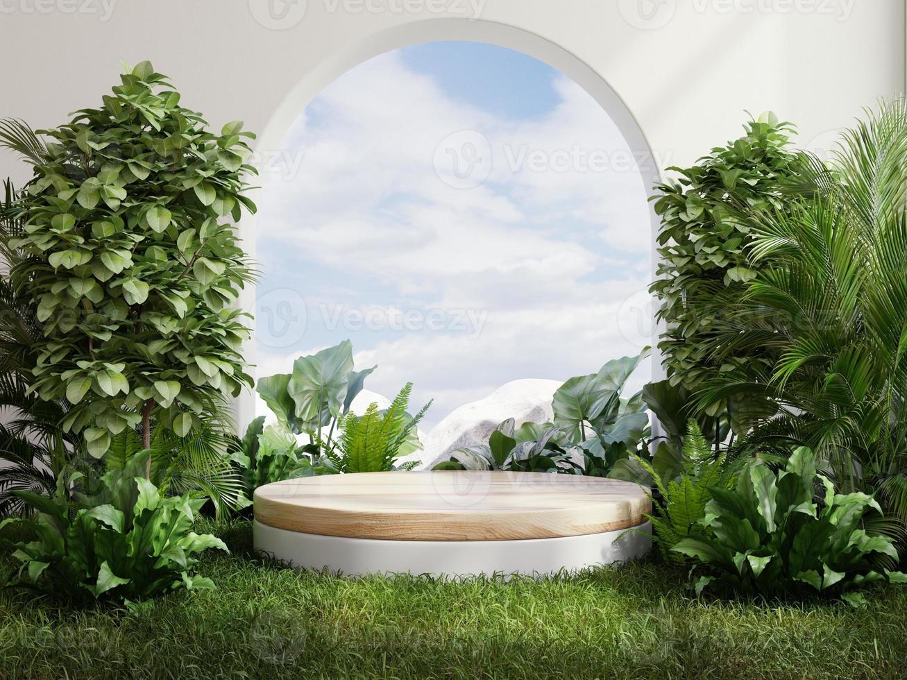 Circle podium in tropical forest for product presentation Behind is a view of the sky. photo