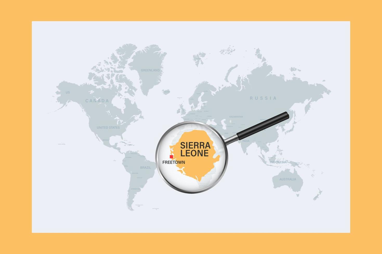 Map of Sierra Leone on political world map with magnifying glass vector