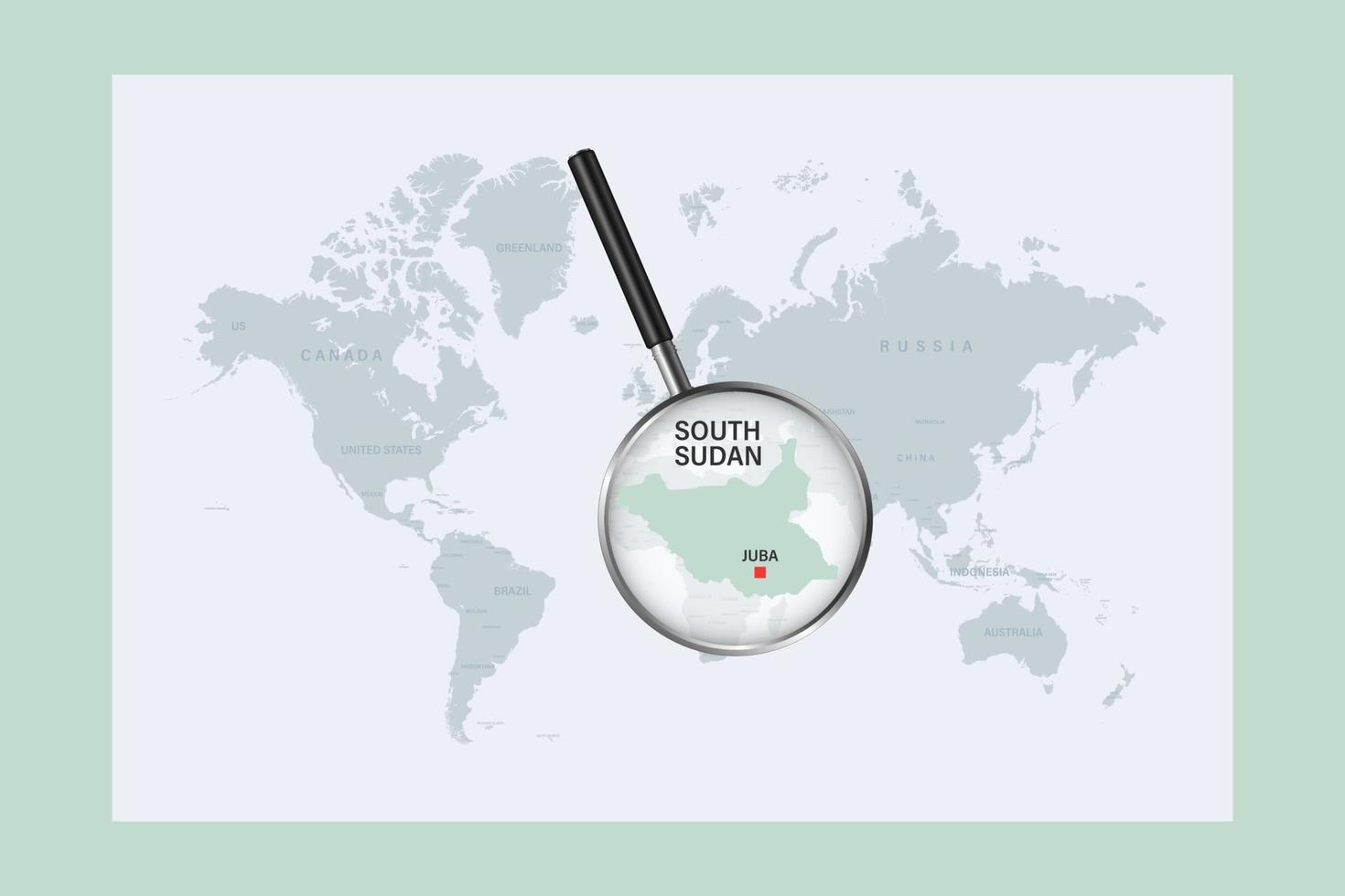 Map of South Sudan on political world map with magnifying glass vector